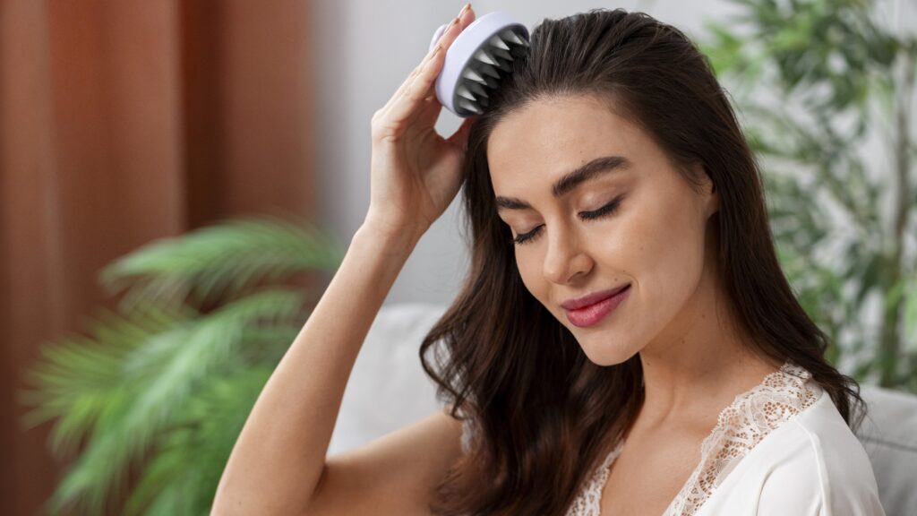 Woman exfoliating scalp with a brush to reduce hair fall and boost growth